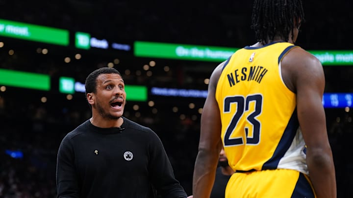 May 23, 2024; Boston, Massachusetts, USA; Boston Celtics head coach Joe Mazzulla reacts against the Indiana Pacers in the second half during game two of the eastern conference finals for the 2024 NBA playoffs at TD Garden. Mandatory Credit: David Butler II-Imagn Images