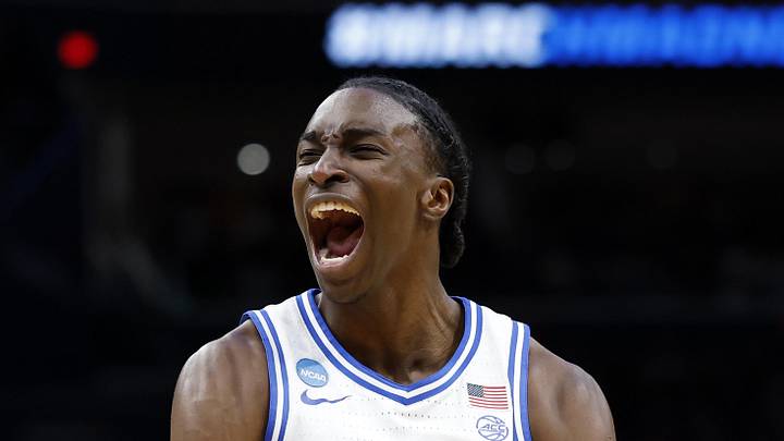 Mar 27, 2026; Washington, DC, USA; Duke Blue Devils guard Isaiah Evans (3) reacts after a basket against the St. John's Red Storm in the first half during a Sweet Sixteen game of the East Regional of the men's 2026 NCAA Tournament at Capital One Arena. Mandatory Credit: Amber Searls-Imagn Images