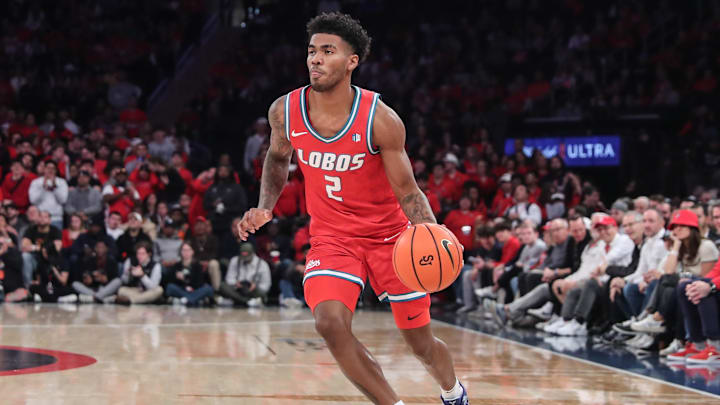 Nov 17, 2024; New York, New York, USA;  New Mexico Lobos guard Donovan Dent (2) at Madison Square Garden. Mandatory Credit: Wendell Cruz-Imagn Images