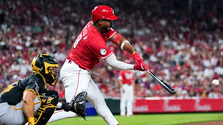 Cincinnati Reds outfielder Miguel Andujar (38) hits a single in the sixth inning of a MLB game between the Cincinnati Reds and Pittsburgh Pirates, Tuesday, Sept. 23, 2025, at Great American Ball Park in downtown Cincinnati. Pirates won 4-2.