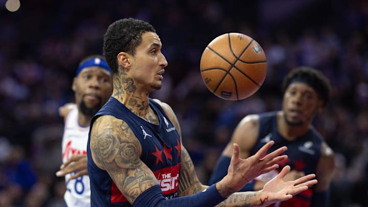 Jan 8, 2025; Philadelphia, Pennsylvania, USA; Washington Wizards forward Kyle Kuzma (33) looses control of the ball against the Philadelphia 76ers during the fourth quarter at Wells Fargo Center. Mandatory Credit: Bill Streicher-Imagn Images