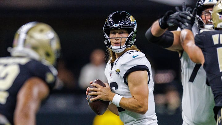 Aug 17, 2025; New Orleans, Louisiana, USA;  Jacksonville Jaguars quarterback Trevor Lawrence (16) looks downfield against the New Orleans Saints during the first half at Caesars Superdome. Mandatory Credit: Stephen Lew-Imagn Images