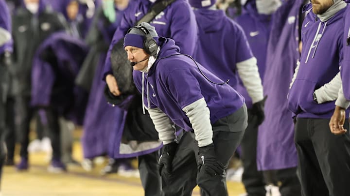 Nov 30, 2024; Ames, Iowa, USA; Kansas State Wildcats head coach Chris Klieman watches his team play the Iowa State Cyclones in the first quarter at at Jack Trice Stadium. Mandatory Credit: Reese Strickland-Imagn Images