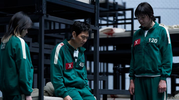 Squid Game S3 (L to R) Jo Yu-ri as Jun-hee, Lee Jung-jae as Seong Gi-hun, Park Sung-hoon as Hyun-ju in Squid Game S3 Cr. No Ju-han/Netflix © 2025