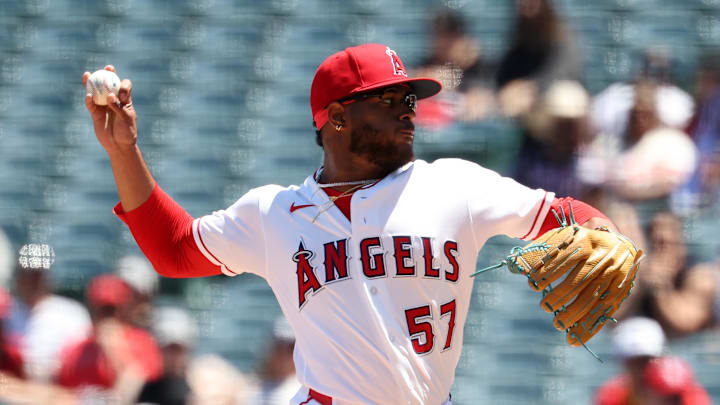 May 6, 2026; Anaheim, California, USA;  Los Angeles Angels pitcher Walbert Urena (57) pitches during the second inning against the Chicago White Sox at Angel Stadium. Mandatory Credit: Kiyoshi Mio-Imagn Images