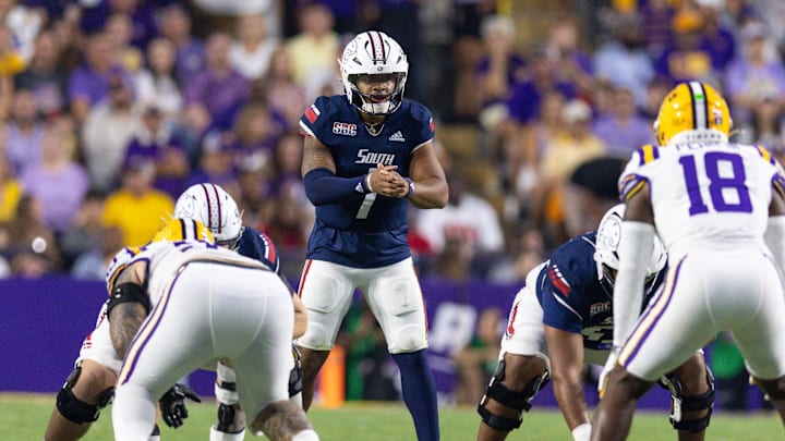 Sep 28, 2024; Baton Rouge, Louisiana, USA;  South Alabama Jaguars quarterback Gio Lopez (7) waits for the snap against the LSU Tigers during the first quarter at Tiger Stadium. 