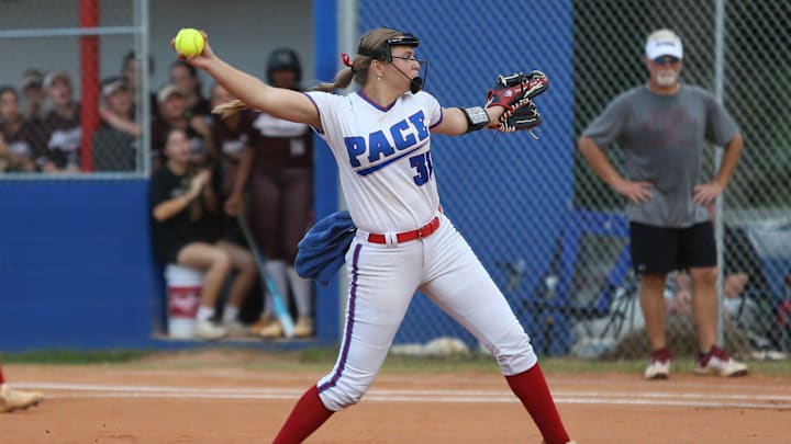 Pace's Hannah DeMarcus (33) throws a pitch during the Pace softball team's Region 1-6A championship game win over Navarre on Thursday, May 15, 2025, at Pace High School. Pace's Hannah DeMarcus (33) throws a pitch during the Pace softball team's Region 1-6A championship game win over Navarre on Thursday, May 15, 2025, at Pace High School.