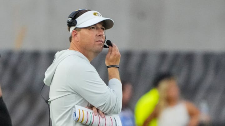 Sep 20, 2025; Columbia, Missouri, USA; Missouri Tigers head coach Eli Drinkwitz on field against the South Carolina Gamecocks during the first half of the game at Faurot Field at Memorial Stadium. Mandatory Credit: Denny Medley-Imagn Images