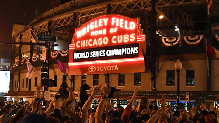 Nov 2, 2016; Chicago, IL, USA;  Chicago Cubs fans celebrate after game seven of the 2016 World