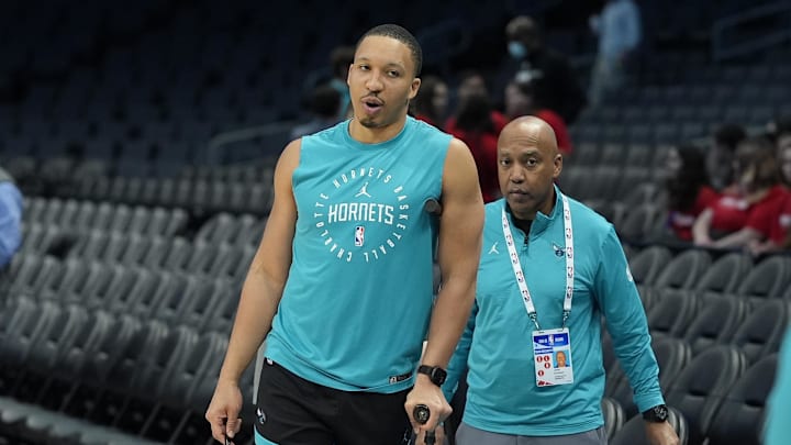 Jan 29, 2025; Charlotte, North Carolina, USA; Charlotte Hornets forward Grant Williams (2), who is recovering from his ACL repair, is seen during pre game warm ups against the Brooklyn Nets at Spectrum Center. Mandatory Credit: Jim Dedmon-Imagn Images