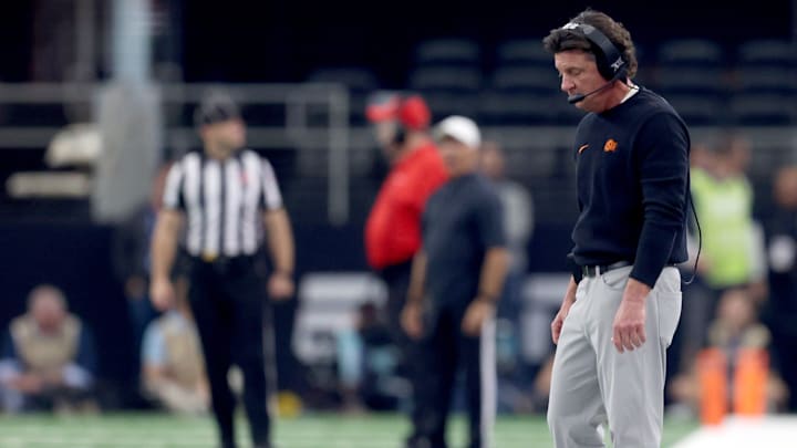 Oklahoma State head football coach Mike Gundy stands on the sidelines in the second half of the Big 12 Football Championship game between the Oklahoma State University Cowboys and the Texas Longhorns at the AT&T Stadium in Arlington, Texas, Saturday, Dec. 2, 2023. Oklahoma State head football coach Mike Gundy stands on the sidelines in the second half of the Big 12 Football Championship game between the Oklahoma State University Cowboys and the Texas Longhorns at the AT&T Stadium in Arlington, Texas, Saturday, Dec. 2, 2023.