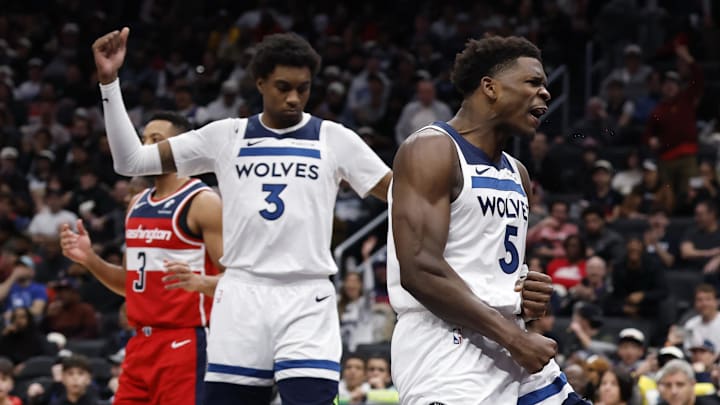 Jan 4, 2026; Washington, District of Columbia, USA; Minnesota Timberwolves guard Anthony Edwards (5) reacts after a dunk against the Washington Wizards in the third quarter at Capital One Arena. Mandatory Credit: Geoff Burke-Imagn Images