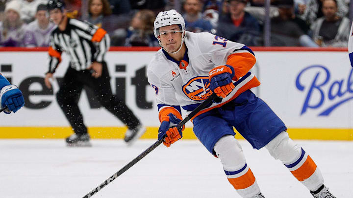 Oct 14, 2024; Denver, Colorado, USA; New York Islanders center Mathew Barzal (13) controls the puck in the first period against the Colorado Avalanche at Ball Arena. Mandatory Credit: Isaiah J. Downing-Imagn Images Oct 14, 2024; Denver, Colorado, USA; New York Islanders center Mathew Barzal (13) controls the puck in the first period against the Colorado Avalanche at Ball Arena. Mandatory Credit: Isaiah J. Downing-Imagn Images