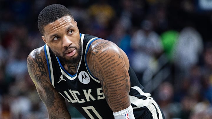 Dec 31, 2024; Indianapolis, Indiana, USA; Milwaukee Bucks guard Damian Lillard (0) in the first half against the Indiana Pacers at Gainbridge Fieldhouse. Mandatory Credit: Trevor Ruszkowski-Imagn Images