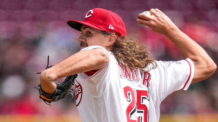Cincinnati Reds pitcher Rhett Lowder (25) throws a pitch in the first inning of the MLB Interleague game between the Cincinnati Reds and the Boston Red Sox at Great American Ball Park in downtown Cincinnati on Sunday, March 29, 2026. The game was scoreless after three innings.
