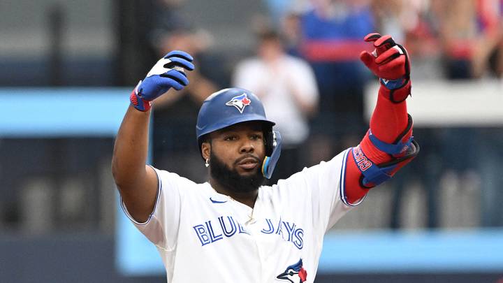 Aug 30, 2026; Toronto, Ontario, CAN;  Toronto Blue Jays first baseman Vladimir Guerrero Jr. (27) reacts after hitting an RBI double against the Seattle Mariners in the fifth inning at Rogers Centre.  Mandatory Credit: Dan Hamilton-Imagn Images