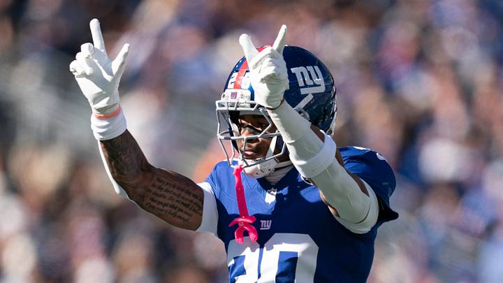 New York Giants cornerback Greg Newsome II (20) celebrates after a tackle during a week 6 NFL football game between New York Giants and New Orleans Saints on Sunday, Oct. 18, 2026, at MetLife Stadium in East Rutherford, NJ.