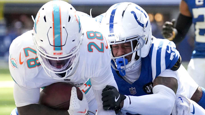 Indianapolis Colts cornerback Mekhi Blackmon (29) takes down Miami Dolphins running back De'Von Achane (28) as Achane scores a touchdown during the second half of a game Sunday, Sept. 7, 2025, at Lucas Oil Stadium in Indianapolis. Indianapolis Colts cornerback Mekhi Blackmon (29) takes down Miami Dolphins running back De'Von Achane (28) as Achane scores a touchdown during the second half of a game Sunday, Sept. 7, 2025, at Lucas Oil Stadium in Indianapolis.