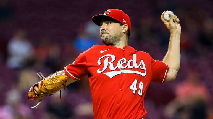 Aug 17, 2026; Cincinnati, Ohio, USA; Cincinnati Reds relief pitcher Brock Burke (49) pitches against the St. Louis Cardinals in the eighth inning at Great American Ball Park. Mandatory Credit: Katie Stratman-Imagn Images