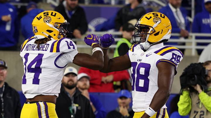 Oct 10, 2026; Lexington, Kentucky, USA;  LSU Tigers wide receiver Roman Mothershed (14) celebrates with wide receiver Malik Elzy (88) during the fourth quarter against the Kentucky Wildcats at Kroger Field.  Mandatory Credit: Jordan Prather-Imagn Images