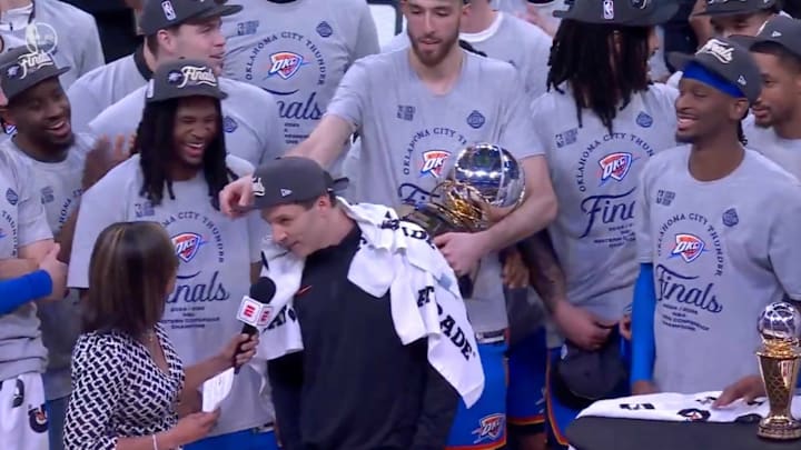Oklahoma City Thunder head coach Mark Daigneault speaks after advancing to the NBA Finals on May 28, 2025.