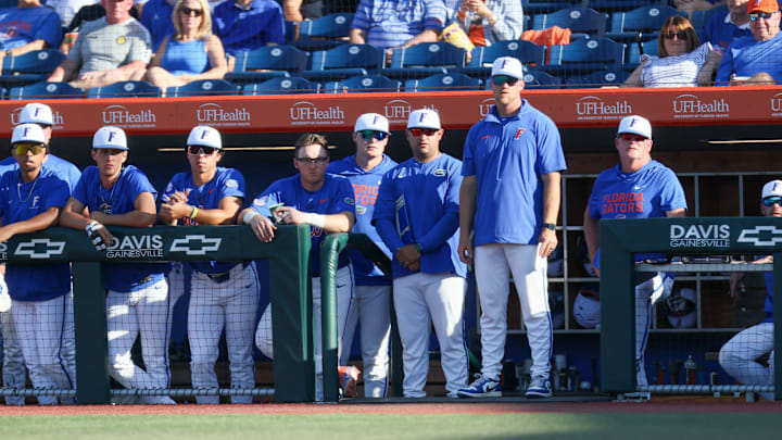 The Florida bench keeps an eye on the field durning and NCAA baseball game at Condron Family Ballparkin Gainesville, FL on Friday, April 17, 2026. [Alan Youngblood/Gainesville Sun]