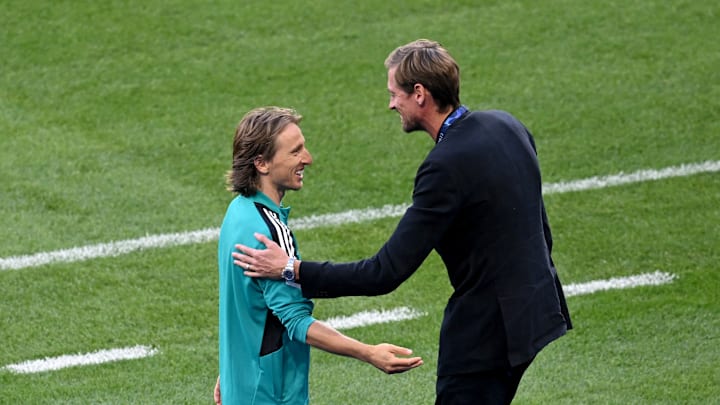 Peter Crouch catching up with former team-mate and five a side pick Luka Modric 