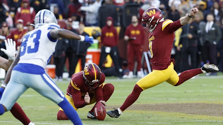 Nov 24, 2024; Landover, Maryland, USA; Washington Commanders place kicker Austin Seibert (3) kicks a field goal against the Dallas Cowboys during the fourth quarter at Northwest Stadium. Mandatory Credit: Geoff Burke-Imagn Images