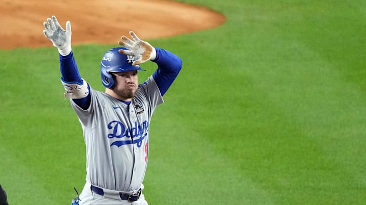 Oct 29, 2024; Bronx, New York, USA; Los Angeles Dodgers second baseman Gavin Lux (9) reacts after hitting a double against the New York Yankees in the first inning during game four of the 2024 MLB World Series at Yankee Stadium. Mandatory Credit: Robert Deutsch-Imagn Images
