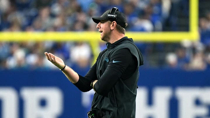 Dec 28, 2025; Indianapolis, Indiana, USA; Jacksonville Jaguars head coach Liam Coen during the second half against the Indianapolis Colts at Lucas Oil Stadium. Mandatory Credit: Robert Goddin-Imagn Images