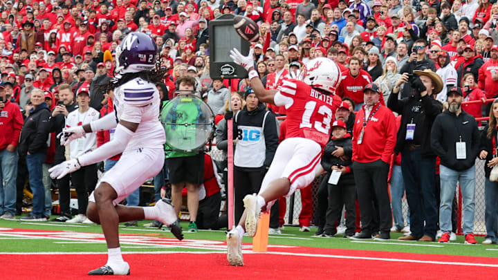 Nyziah Hunter dives for the touchdown reception against Northwestern. Nyziah Hunter dives for the touchdown reception against Northwestern.