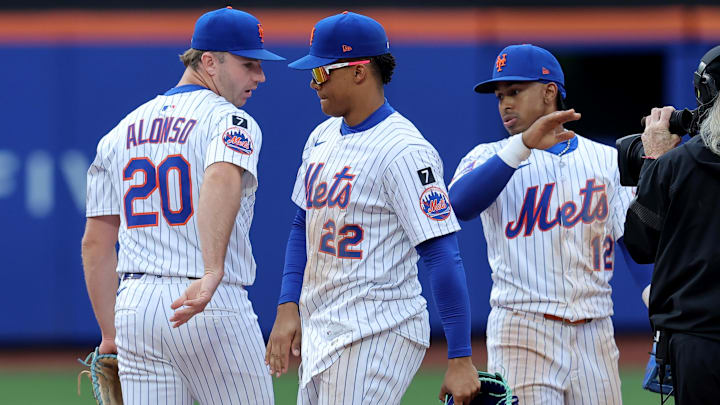 Apr 4, 2025; New York City, New York, USA; New York Mets right fielder Juan Soto (22) celebrates with first baseman Pete Alonso (20) and shortstop Francisco Lindor (12) after defeating the Toronto Blue Jays at Citi Field. Mandatory Credit: Brad Penner-Imagn Images