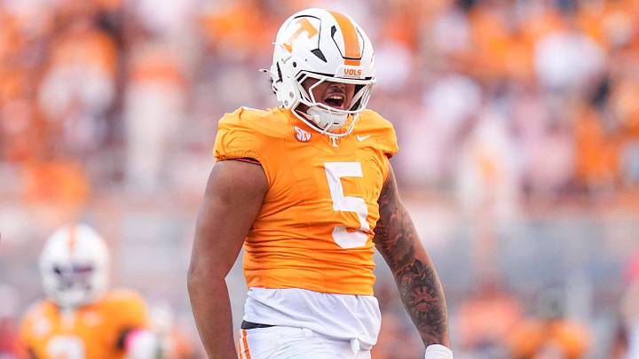 Tennessee defensive lineman Daevin Hobbs (5) celebrates after sacking Arkansas quarterback Taylen Green (10) during a college football game between Tennessee and Arkansas at Neyland Stadium in Knoxville, Tenn., on Oct. 11, 2025. Tennessee defensive lineman Daevin Hobbs (5) celebrates after sacking Arkansas quarterback Taylen Green (10) during a college football game between Tennessee and Arkansas at Neyland Stadium in Knoxville, Tenn., on Oct. 11, 2025.