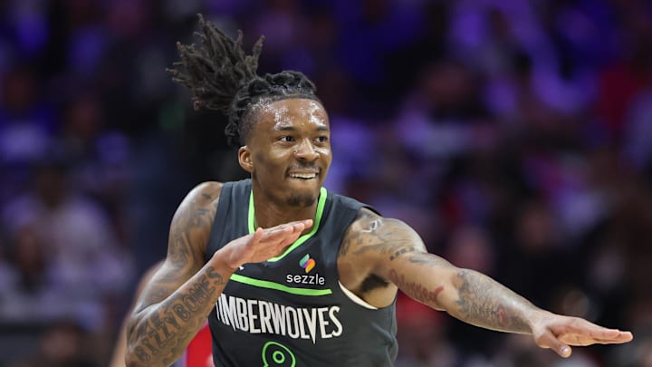 Apr 3, 2026; Philadelphia, Pennsylvania, USA; Minnesota Timberwolves guard Bones Hyland (8) reacts to his three pointer against the Philadelphia 76ers during the second quarter at Xfinity Mobile Arena. Mandatory Credit: Bill Streicher-Imagn Images Apr 3, 2026; Philadelphia, Pennsylvania, USA; Minnesota Timberwolves guard Bones Hyland (8) reacts to his three pointer against the Philadelphia 76ers during the second quarter at Xfinity Mobile Arena. Mandatory Credit: Bill Streicher-Imagn Images
