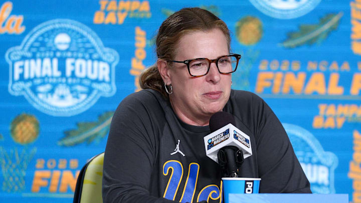 Apr 3, 2025; Tampa, FL, USA; UCLA Bruins head coach Cori Close talks to media before the NCAA Woman’s Final Four at Amalie Arena. Mandatory Credit: Nathan Ray Seebeck-Imagn Images