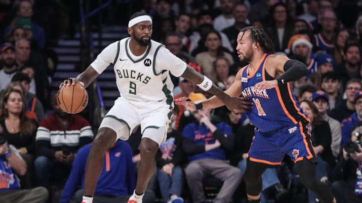 Dec 23, 2023; New York, New York, USA;  Milwaukee Bucks forward Bobby Portis (9) looks to drive past New York Knicks guard Jalen Brunson (11) in the first quarter at Madison Square Garden. Mandatory Credit: Wendell Cruz-Imagn Images
