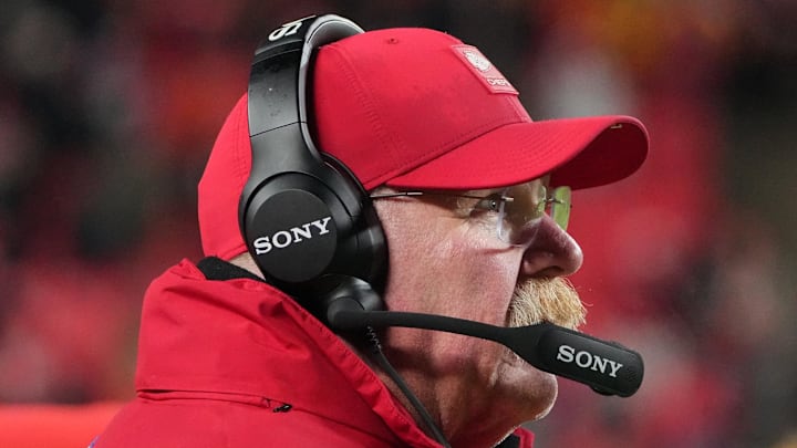 Dec 7, 2025; Kansas City, Missouri, USA; Kansas City Chiefs head coach Andy Reid is seen on the sideline during the fourth quarter against the Houston Texans at GEHA Field at Arrowhead Stadium. Mandatory Credit: Denny Medley-Imagn Images