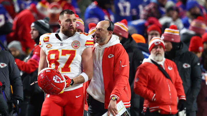 Kansas City Chiefs tight end Travis Kelce talks with offensive coordinator Matt Nagy