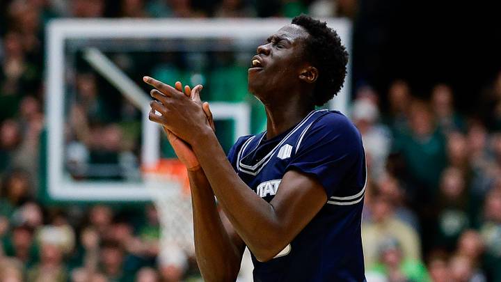 Jan 23, 2026; Fort Collins, Colorado, USA; Utah State Aggies forward Adlan Elamin (35) reacts affect missing a shot in the first half against the Colorado State Rams at Moby Arena. Mandatory Credit: Isaiah J. Downing-Imagn Images