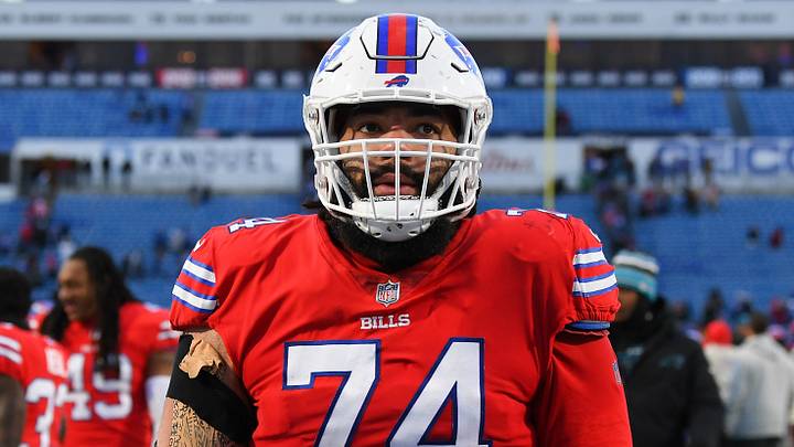 Dec 19, 2021; Orchard Park, New York, USA; Buffalo Bills guard Cody Ford (74) following the game against the Carolina Panthers at Highmark Stadium. Dec 19, 2021; Orchard Park, New York, USA; Buffalo Bills guard Cody Ford (74) following the game against the Carolina Panthers at Highmark Stadium.