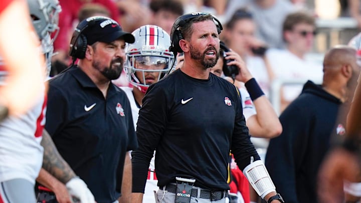 Sep 2, 2023; Bloomington, Indiana, USA; Ohio State Buckeyes head coach Ryan Day and offensive coordinator Brian Hartline yell from the sideline during the NCAA football game at Indiana University Memorial Stadium. Ohio State won 23-3. Sep 2, 2023; Bloomington, Indiana, USA; Ohio State Buckeyes head coach Ryan Day and offensive coordinator Brian Hartline yell from the sideline during the NCAA football game at Indiana University Memorial Stadium. Ohio State won 23-3.