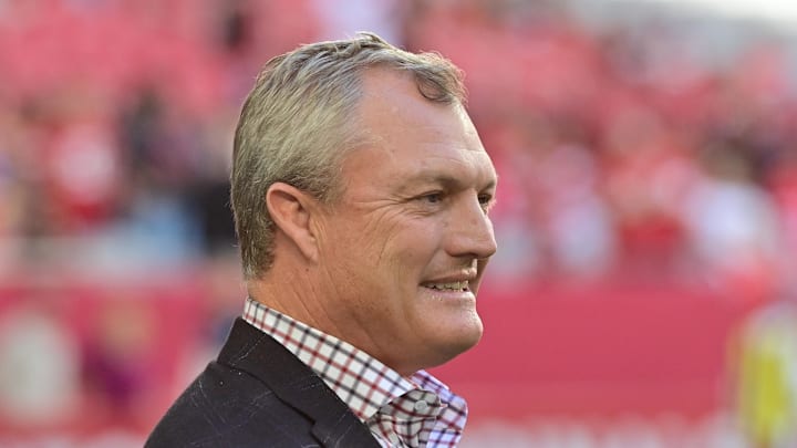 Jan 5, 2025; Glendale, Arizona, USA; San Francisco 49ers general manager John Lynch looks on prior to the game against the Arizona Cardinals at State Farm Stadium. Mandatory Credit: Matt Kartozian-Imagn Images