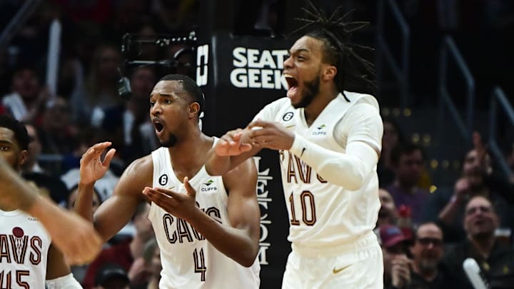 Mar 31, 2023; Cleveland, Ohio, USA; Cleveland Cavaliers forward Evan Mobley (4) and guard Darius Garland (10) react after a foul call on Mobley during the second half against the New York Knicks at Rocket Mortgage FieldHouse. Mandatory Credit: Ken Blaze-Imagn Images