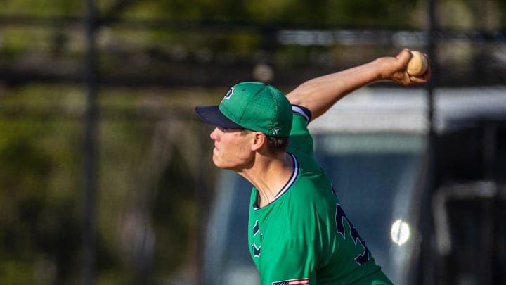 Patrick Halligan of Pensacola State delivers a pitch at Gulf Coast State College in the first of a four-game series Tuesday, April 6, 2021.