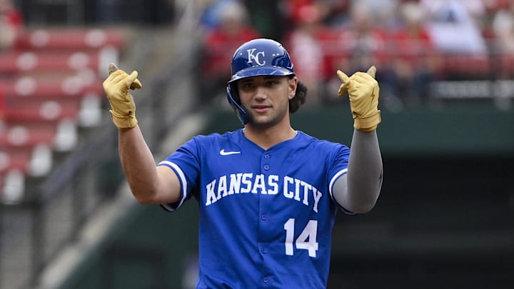 Kansas City Royals right fielder Jac Caglianone (14) reacts after hitting a one run double against the St. Louis Cardinals for his first Major League hit during the fourth inning at Busch Stadium on June 5.