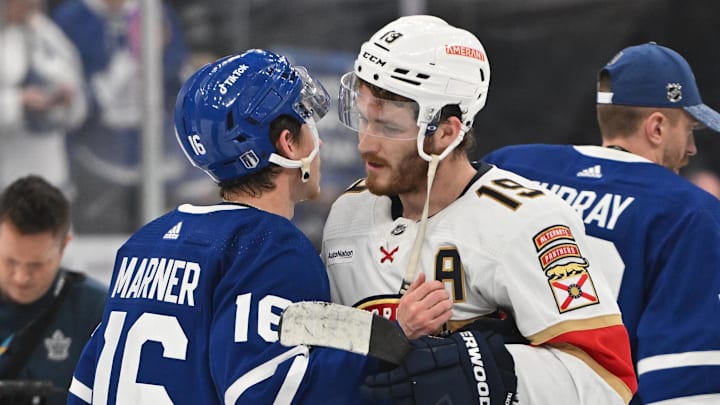 May 12, 2023; Toronto, Ontario, CAN;  Toronto Maple Leafs forward Mitch Marner (16) congratulates Florida Panthers forward Matthew Tkachuk (19) after the Panthers won game five of their second round series and eliminated the Leafs from 2023 Stanley Cup Playoffs at Scotiabank Arena. Mandatory Credit: Dan Hamilton-USA TODAY Sports