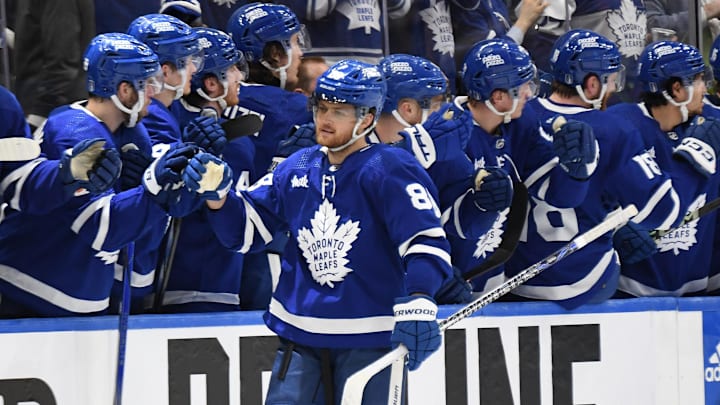 May 2, 2024; Toronto, Ontario, CAN;   Toronto Maple Leafs forward William Nylander (88) celebrates with teammates at the bench after scoring his first goal of the game against the Boston Bruins in the second period in game six of the first round of the 2024 Stanley Cup Playoffs at Scotiabank Arena. Mandatory Credit: Dan Hamilton-Imagn Images