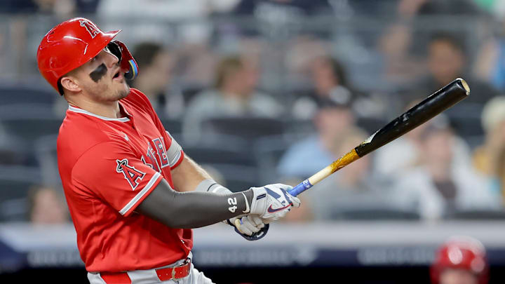 Apr 15, 2026; Bronx, New York, USA; Los Angeles Angels center fielder Mike Trout watches his two run home run against the New York Yankees during the fifth inning at Yankee Stadium. All MLB players are wearing number 42 today to honor Jackie Robinson. Mandatory Credit: Brad Penner-Imagn Images