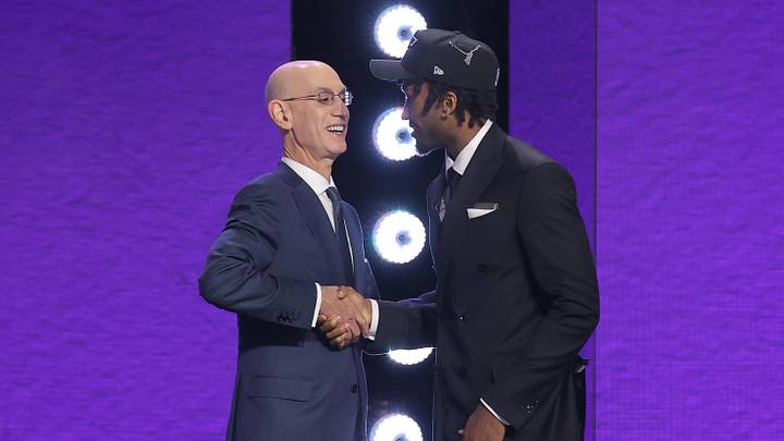 Jun 23, 2026; New York, NY, USA; NBA commissioner Adam Silver greets the second pick in the 2026 NBA draft, Kansas guard Darryn Peterson after he was selected by the Utah Jazz at Barclays Center. Mandatory Credit: Brad Penner-Imagn Images Jun 23, 2026; New York, NY, USA; NBA commissioner Adam Silver greets the second pick in the 2026 NBA draft, Kansas guard Darryn Peterson after he was selected by the Utah Jazz at Barclays Center. Mandatory Credit: Brad Penner-Imagn Images