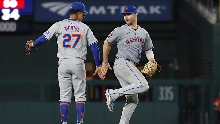 Jun 4, 2024; Washington, District of Columbia, USA; New York Mets third base Mark Vientos (27) celebrates with Mets first base Pete Alonso (20) after their game against the Washington Nationals at Nationals Park.